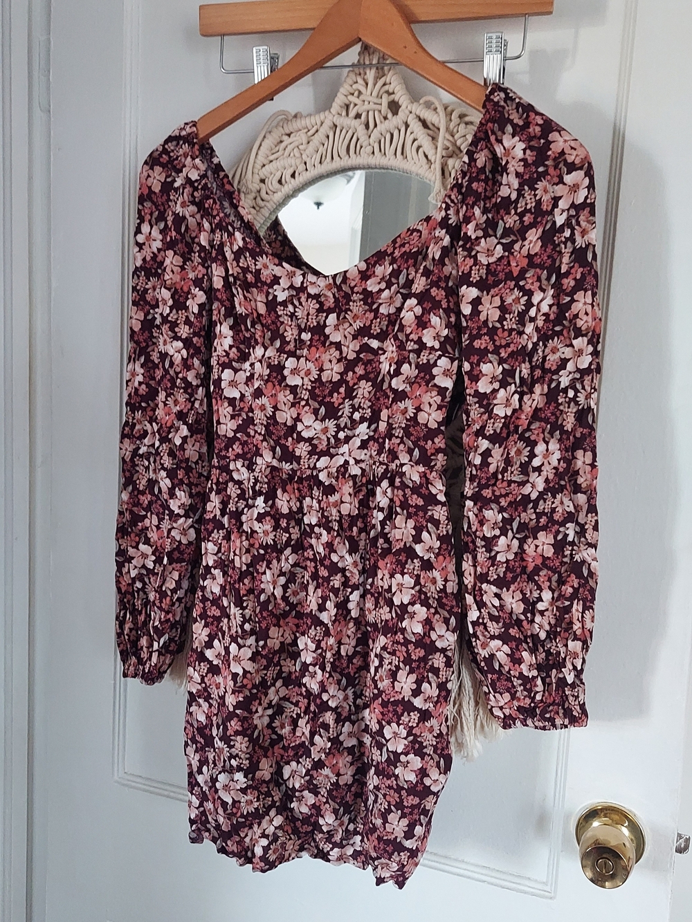 Altar'd State Burgundy and Pink Floral Long-Sleeve Mini Dress